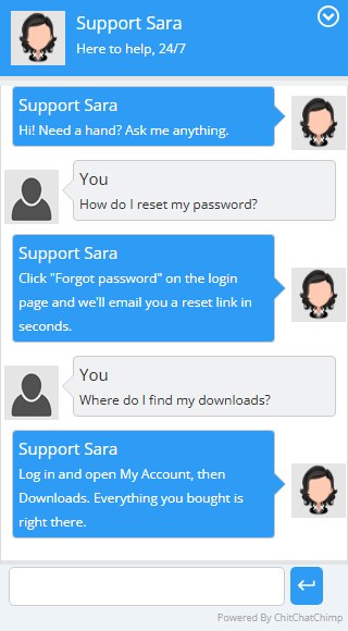 Support bot Sara answering password and download questions