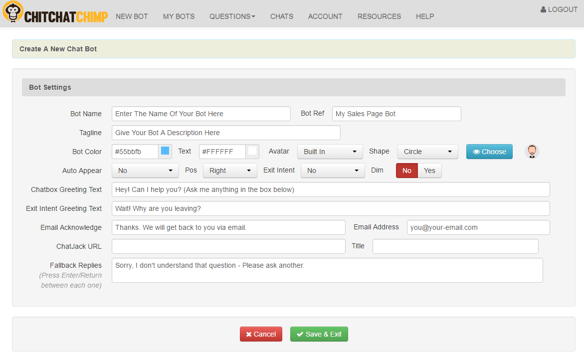 Bot settings screen